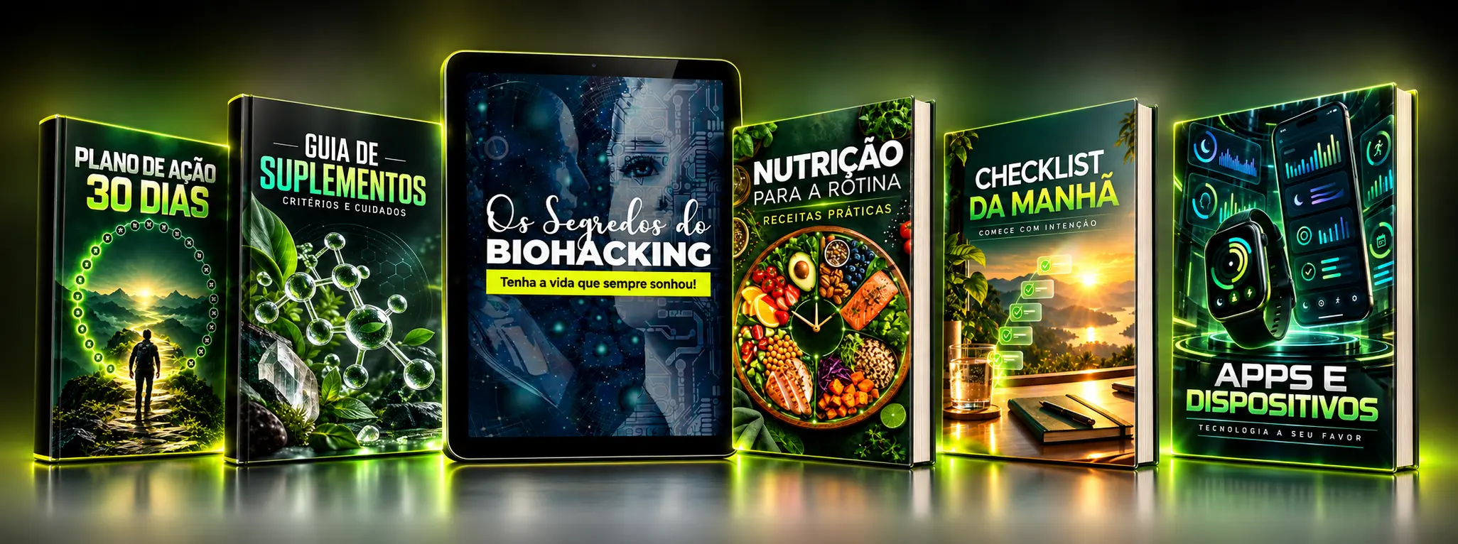 Kit completo Segredos do Biohacking com o produto principal no iPad e cinco bônus em livros